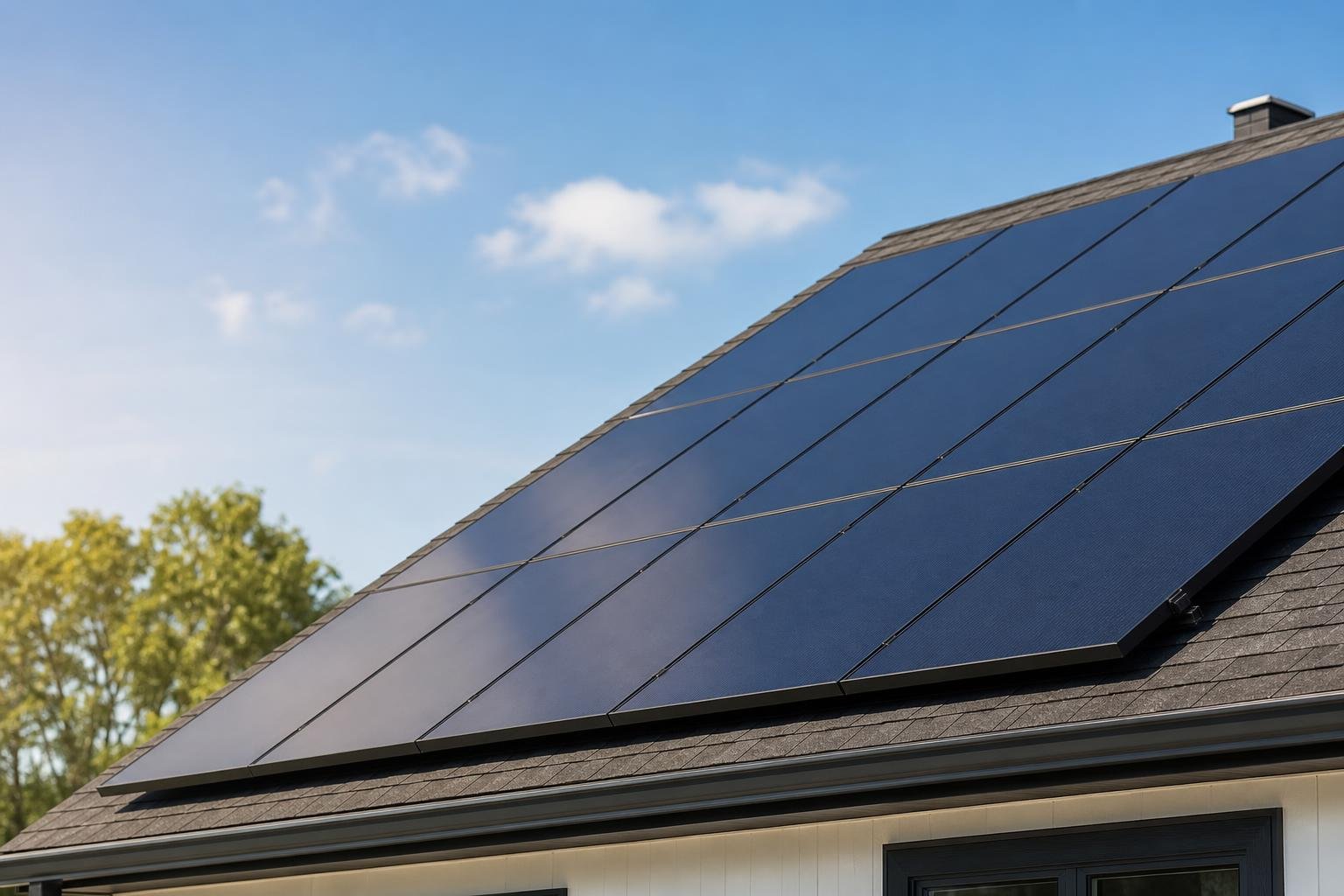 Close-up of rooftop solar panels on a residential home in Paterson, New Jersey, in warm daylight.