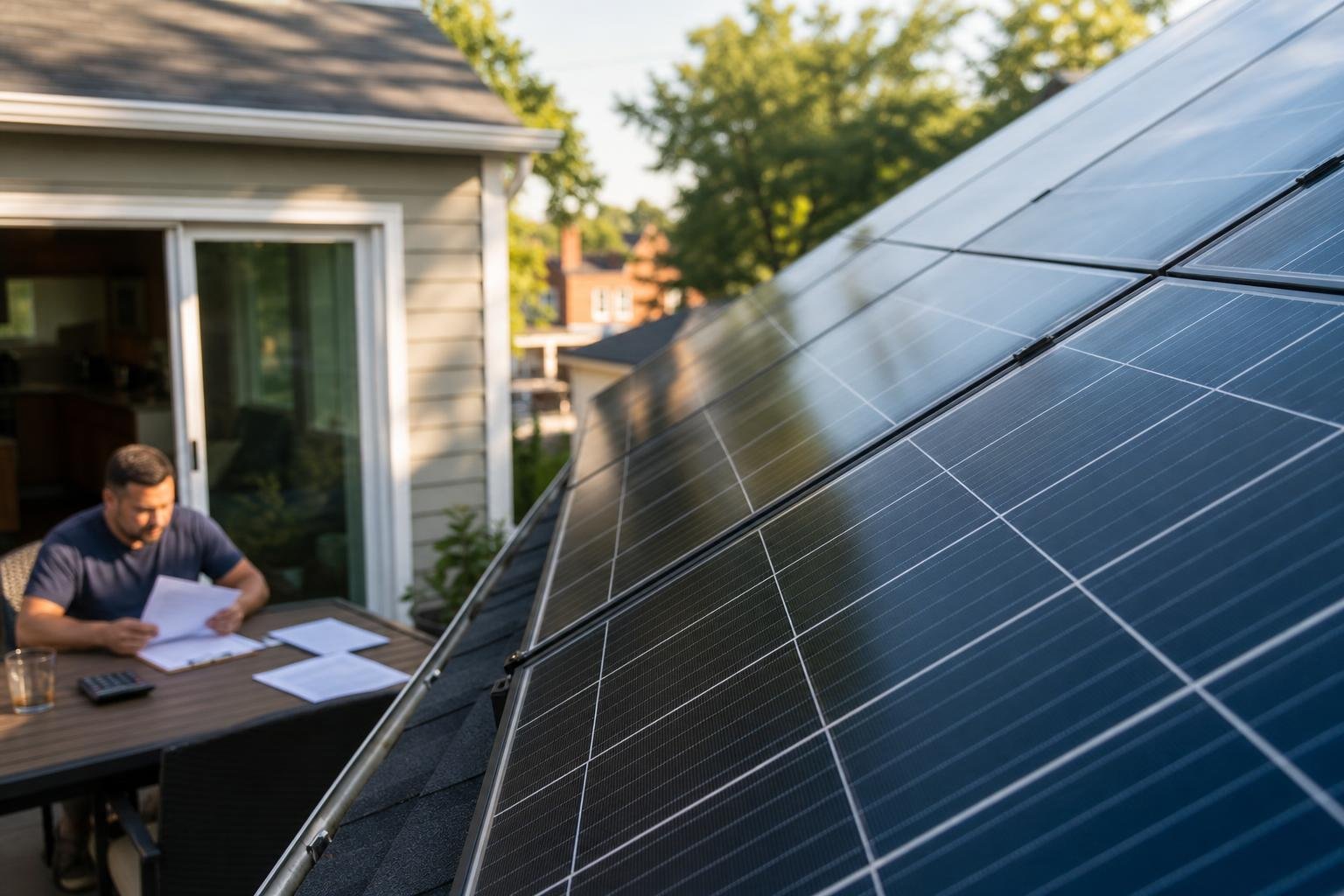 Residential solar panels in sharp focus with a homeowner reviewing incentive paperwork in the background.
